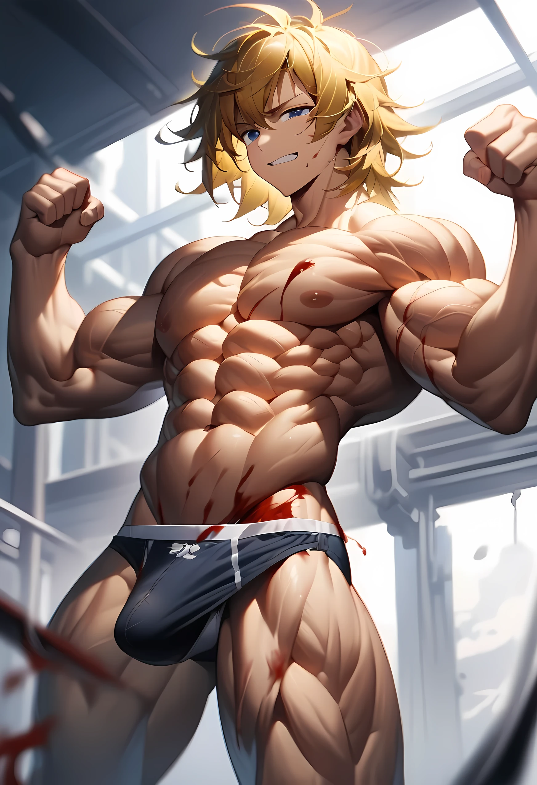 (White beautiful boy:1.44),original,solo, (((((((13 year old:))))))),(close eyes),(cool face,beautiful face,manly face:1.5),(Short, shaggy, golden hair:1.94),(muscle full-body:2.18),(Muscular abs and blood:1.68),(Blue bruises all over the body:1.65),(standing,fighting pose:1.75), (Briefs with bulging crotch:1.39), masterpiece, best quality, very aesthetic, absurdres