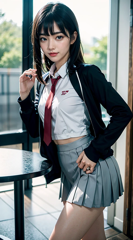 Kyoto animation style:1.8, dressing:2.0, Track Jacket:2.0, blouse with collar:1.8, necktie:1.5, pleated skirt:1.8, dirt baseball field:1.8, Victory Pose:1.8, smile, shout, 1 girl, 18 years old, body with 7 heads, ideal body proportions, erect nipples, medium hair, black hair, With bangs, , slim, small ass, beautiful bridge, slim 다리, cinematic lighting, depth of field, first person view, F/1.8, 135mm, nffsw, table top, accurate, anatomically correct, textured skin, super detail, high details, high quality, award-winning, best quality, highest resolution, 8K