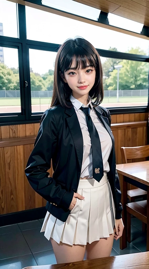 Kyoto animation style:1.8, dressing:2.0, Track Jacket:2.0, blouse with collar:1.8, necktie:1.5, pleated skirt:1.8, dirt baseball field:1.8, Victory Pose:1.8, smile, shout, 1 girl, 18 years old, body with 7 heads, ideal body proportions, erect nipples, medium hair, black hair, With bangs, , slim, small ass, beautiful bridge, slim 다리, cinematic lighting, depth of field, first person view, F/1.8, 135mm, nffsw, table top, accurate, anatomically correct, textured skin, super detail, high details, high quality, award-winning, best quality, highest resolution, 8K