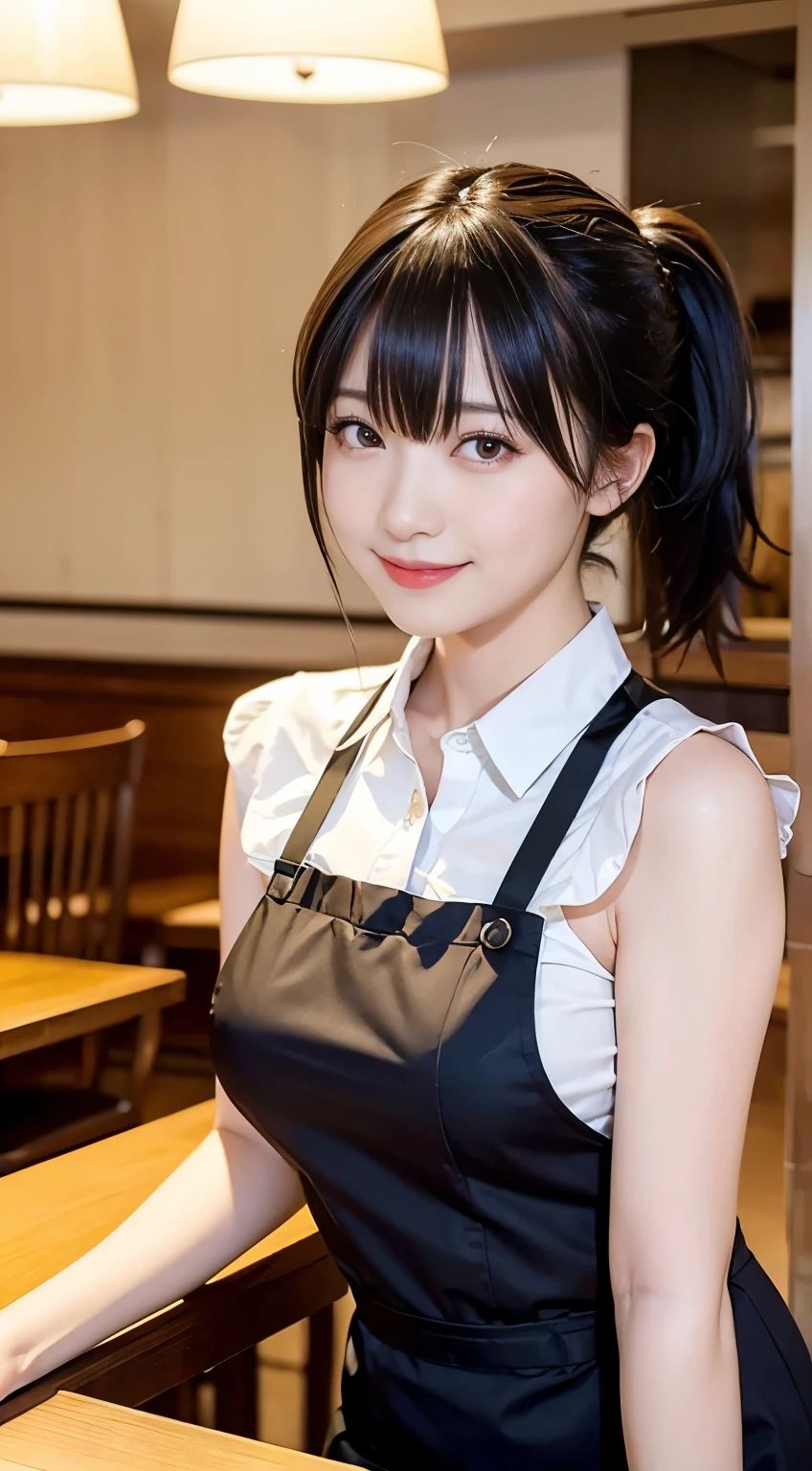 (Highest quality,masterpiece:1.3,Ultra-high resolution,),(Very detailed,Caustics),(Realistic:1.4,RAW shooting,)Ultra-Realistic Capture,Very detailed,High resolution 16k human skin closeup。 Natural skin texture、,pores、、、、It must be detailed enough to be easily identifiable。 Skin tone is even and healthy looking。 Use natural light and color,restaurant,Waitress Uniform,1 girl,Japanese,18-year-old,cute,Black-haired,ponytail,Big Breasts,smile,Turn your body forward,(Front view:1.1),Looking into the camera,Cowboy Shot,
