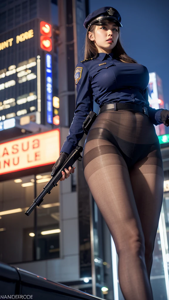 A beautiful policewoman in uniform with a tall figure, very long legs and huge breasts standing in a busy downtown area at night. View from below. Pantyhose