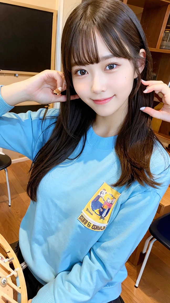 best quality, 1 beautiful woman, after-school club, holding musical instrument, casual clothes, engaging smile, relaxed, creative setting, highly detailed
