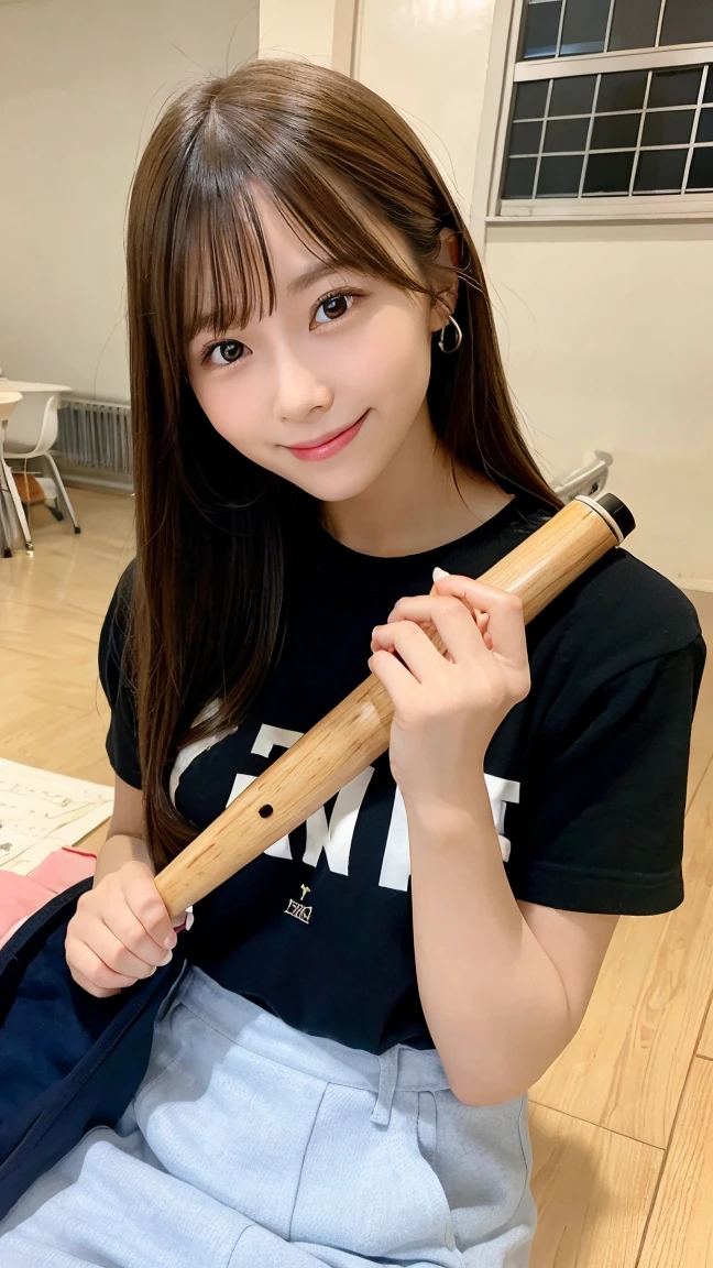 best quality, 1 beautiful woman, after-school club, holding musical instrument, casual clothes, engaging smile, relaxed, creative setting, highly detailed