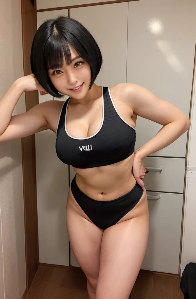 (vulgar),Just the right kind of 25-year-old japanese、black Hair Color,seductive grin smug,close mouths,versionshort hair,sports bra,big nipple