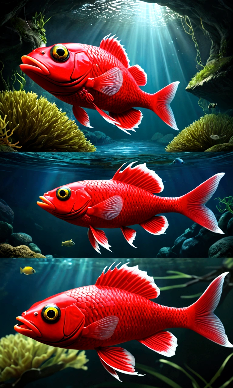 There is a red creature in the river that has a human face and a fish body.,Mysterious Creatures, shrike, (best quality,4K,8K,High level,masterpiece:1.2),Ultra Detailed,(lifelike,Photo real,Photo real:1.37),Highly detailed animals,Complex patterns,Realistic lighting,Fantasy Creatures