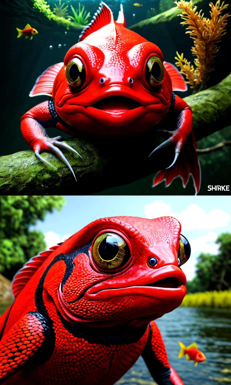 There is a red creature in the river that has a human face and a fish body.,Mysterious Creatures, shrike, (best quality,4K,8K,High level,masterpiece:1.2),Ultra Detailed,(lifelike,Photo real,Photo real:1.37),Highly detailed animals,Complex patterns,Realistic lighting,Fantasy Creatures