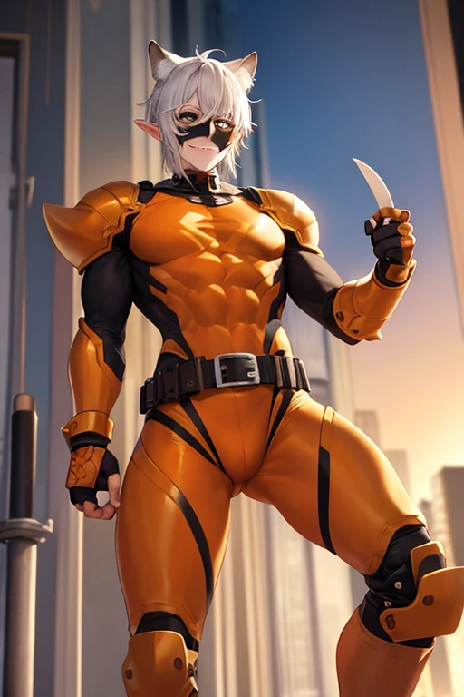 ((best quality)), ((masterpiece)), (detailed), 1 man, whole body, 54 years, Elderly, masked, mask, orange mask that covers half your face, mascara con satisfied, malevolent smile, metal elf ears, cat eyes, white hair coming out of top, molcano , brown collar, high, very thin, stooped, metal claws like blades, spikes on the forearms, brown details, brown fingerless gloves, orange wristbands, orange nanotech suit that resembles light armor, orange bib with an emblem, high shoulder pads, orange suit with brown stripes, brown tiger stripes, triangle emblem on his chest, orange emblem, orange pants, orange knee pads, metallic orange boots, metallic orange shoes, brown superhero belt, standing in a building, city background, anime