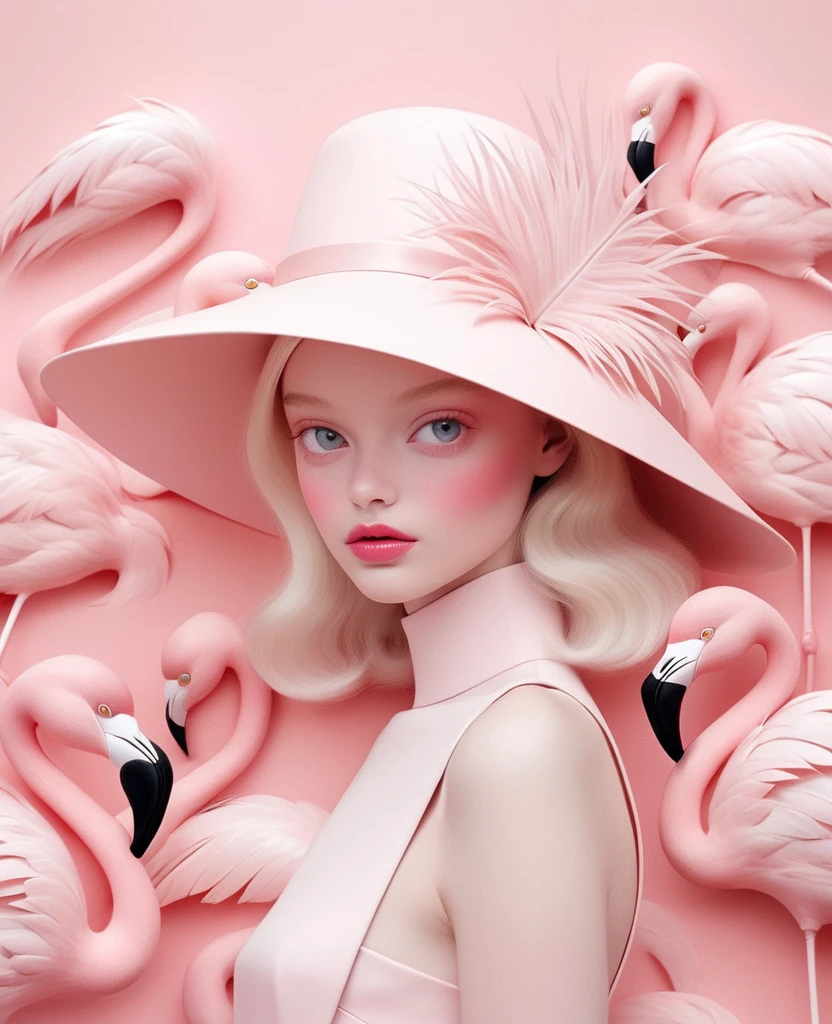 A blonde girl wearing a white hat made of flamingo feathers,The background is pink,With pink hue, Hugh Kretschmer (hugh kretschmer) and Nicoletta Sekoli (Nicoletta Ceccoli) Detailed illustrations of the style,Features magical realism style and soft pink color, Pale pink color scheme,Symmetrical composition and minimalist design,Similar to fashion magazine covers or editorial photography.