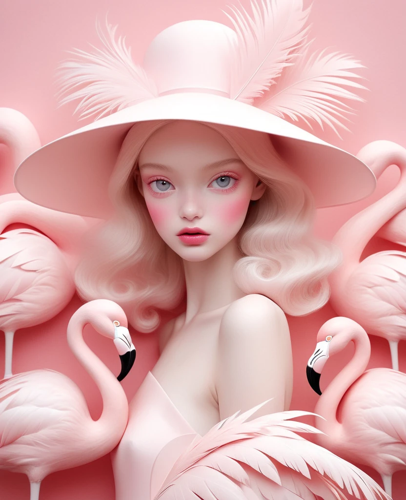 A blonde girl wearing a white hat made of flamingo feathers,The background is pink,With pink hue, Hugh Kretschmer (hugh kretschmer) and Nicoletta Sekoli (Nicoletta Ceccoli) Detailed illustrations of the style,Features magical realism style and soft pink color, Pale pink color scheme,Symmetrical composition and minimalist design,Similar to fashion magazine covers or editorial photography.