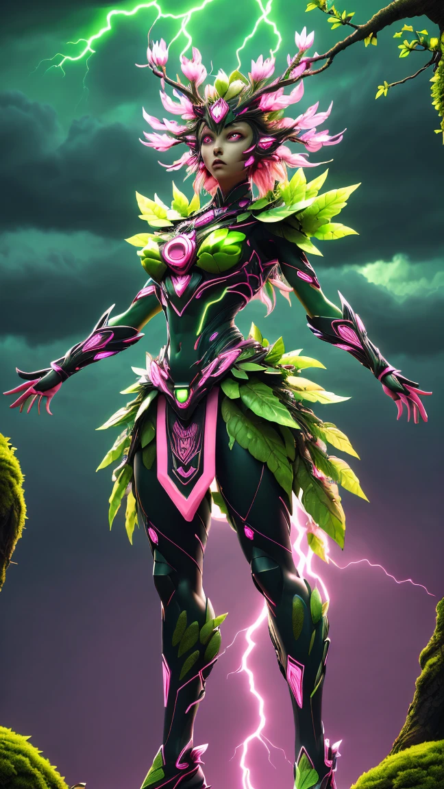 A woman in a green and pink outfit standing in front of a tree Plant Maiden，metal leaf，Wired branch，glowing light eyeechanical bark，bark covered with moss，tribe outfit，majestic figure，(ancient tribal markings)，Control the tendrils extending from the arms，Neon lights dance on the body，(Lightning around branches and leaves)，(peach blossom)，The petals are soft and delicate，vibrant with colors，(A harmonious blend of green and pink)，(Ominous dark clouds in the sky)，Night atmosphere，A futuristic，Vibrant colors and high-contrast lighting，Dramatic shadows and highlights.(Best quality at best, 4K, 8K, tmasterpiece: 1.2), (actual, photograph realistic, photograph realistic: 1.37)