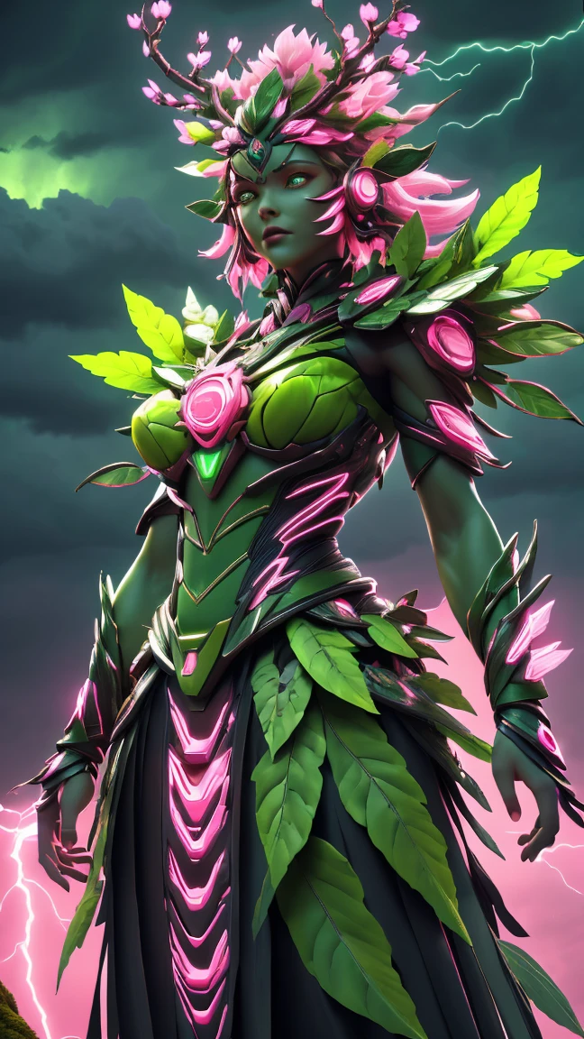 A woman in a green and pink outfit standing in front of a tree Plant Maiden，metal leaf，Wired branch，glowing light eyeechanical bark，bark covered with moss，tribe outfit，majestic figure，(ancient tribal markings)，Control the tendrils extending from the arms，Neon lights dance on the body，(Lightning around branches and leaves)，(peach blossom)，The petals are soft and delicate，vibrant with colors，(A harmonious blend of green and pink)，(Ominous dark clouds in the sky)，Night atmosphere，A futuristic，Vibrant colors and high-contrast lighting，Dramatic shadows and highlights.(Best quality at best, 4K, 8K, tmasterpiece: 1.2), (actual, photograph realistic, photograph realistic: 1.37)