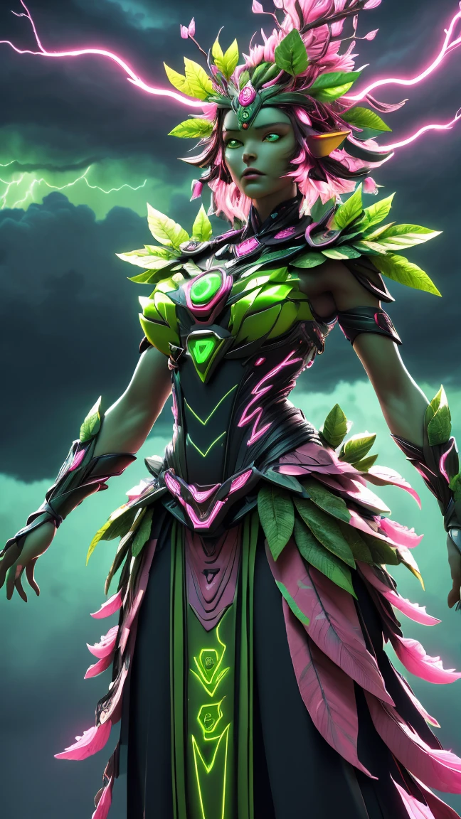 A woman in a green and pink outfit standing in front of a tree Plant Maiden,metal leaf,Wired branch,glowing light eyeechanical bark,bark covered with moss,tribe outfit,majestic figure,(ancient tribal markings),Control the tendrils extending from the arms,Neon lights dance on the body,(Lightning around branches and leaves),(peach blossom),The petals are soft and delicate,vibrant with colors,(A harmonious blend of green and pink),(Ominous dark clouds in the sky),Night atmosphere,A futuristic,Vibrant colors and high-contrast lighting,Dramatic shadows and highlights.(Best quality at best, 4K, 8K, tmasterpiece: 1.2), (actual, photograph realistic, photograph realistic: 1.37)