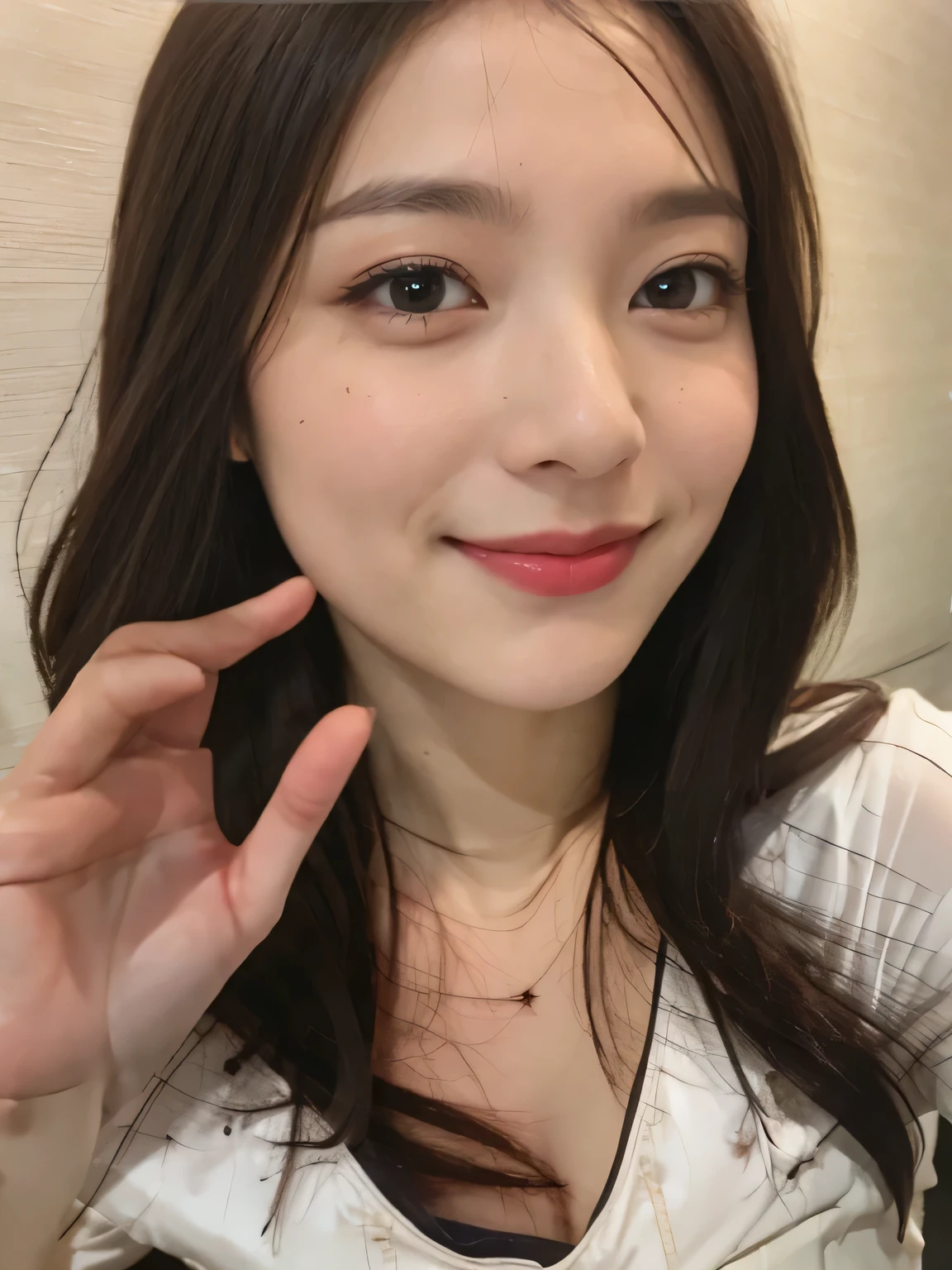 raw photo, 1girl, cute face, beautiful face, medium breast, White blouse, light smile, Upper body, detailed skin, pore, simple background, frontal face, wallpaper, photorealistic, anatomically correct, masterpiece, best quality, UHD