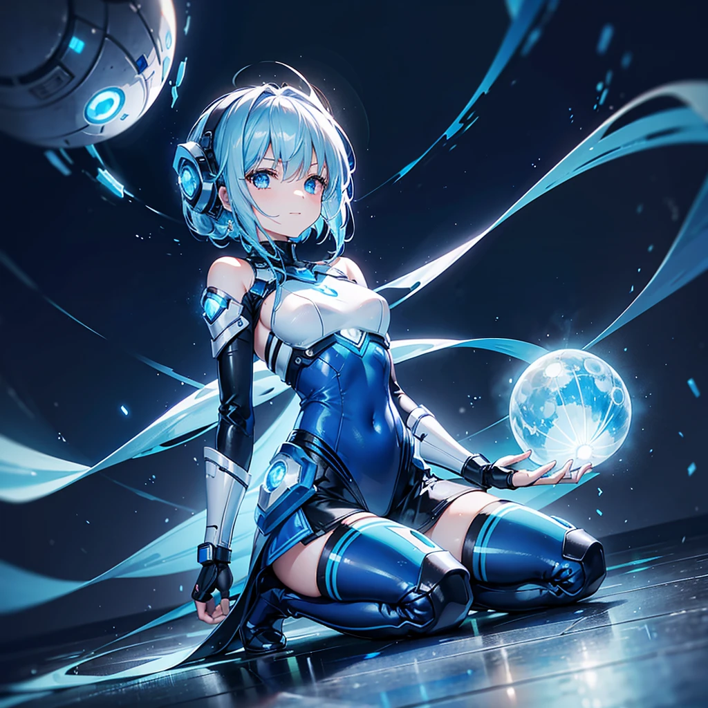 8K, Highest quality, (real:1.4), Original photo, 1 girl, Asari Hair, Biological Amplifier, Very sleek and futuristic armor, posture: Peace talks between warring factions,,attention arousal, smart blue eyes,A modest smile,Knee-high boots,Patent-look blue tights,Blue big moon and blue light swirl in the background,Blue light from behind,blue light magic,A small, glowing blue ball in the palm of your hand,Blue flame swirl,Blue Comet,Polished floor,