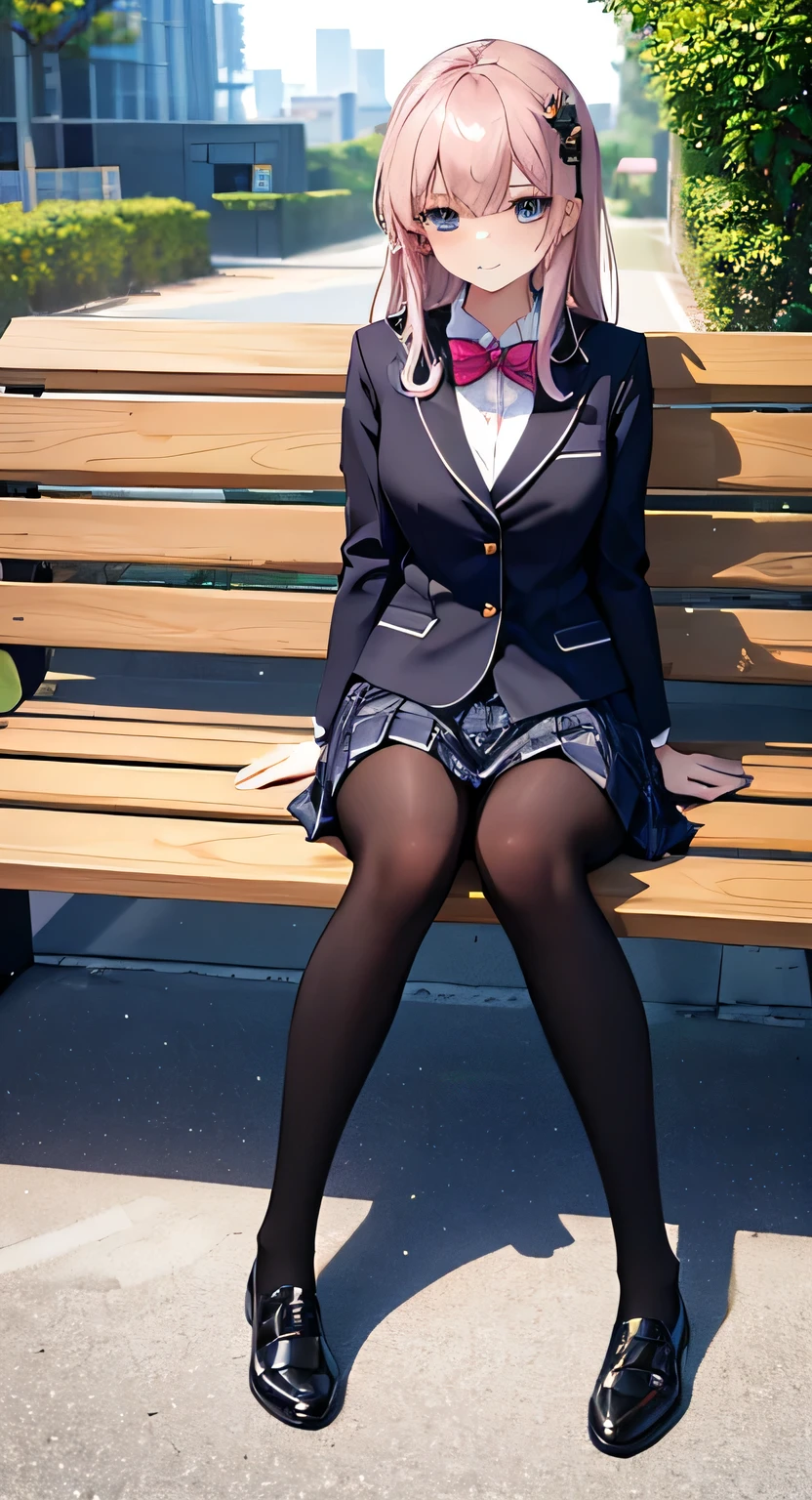 high quality, masterpiece, High resolution, (Head to Toe full body), front, frontComposition from slightly below, Symmetric, Tall 18 year old girl, alone, (Head to Toe), (Small breasts), (black tights), (Black Pantyhose), (Sit with your legs apart), (Crouching pose), ( (Sit on a bench with your legs spread), (M-shaped feet), Thin legs, Very beautiful tall 18 year old girl, (白いスニーカー), smile、 Looking into the camera, blazer uniform, Checkered Pleated Skirt
