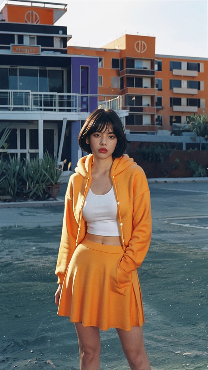 long shot portrait of cute 23 yo girl, (natural breast) ,wear ((orange color oversized hoodie)), wear ((purple tennis skirt)),looking front,Best Quality,Masterpiece,Ultra High Resolution,(Realisticity:1.4),Original Photo, 1Girl, light leak,ultra high resolution,UHD,beautiful, (black bob hair), almond eye, no makeup, in front of (80's mondrian architecture motel), (realistic:1.2), (surreal:1.3), (very detailed:1.1), ((masterpiece)),summer, blue sky, palm trees,sunny, los angles vibes,film camera, 800mm lens,style of Philip Lorca diCorcia