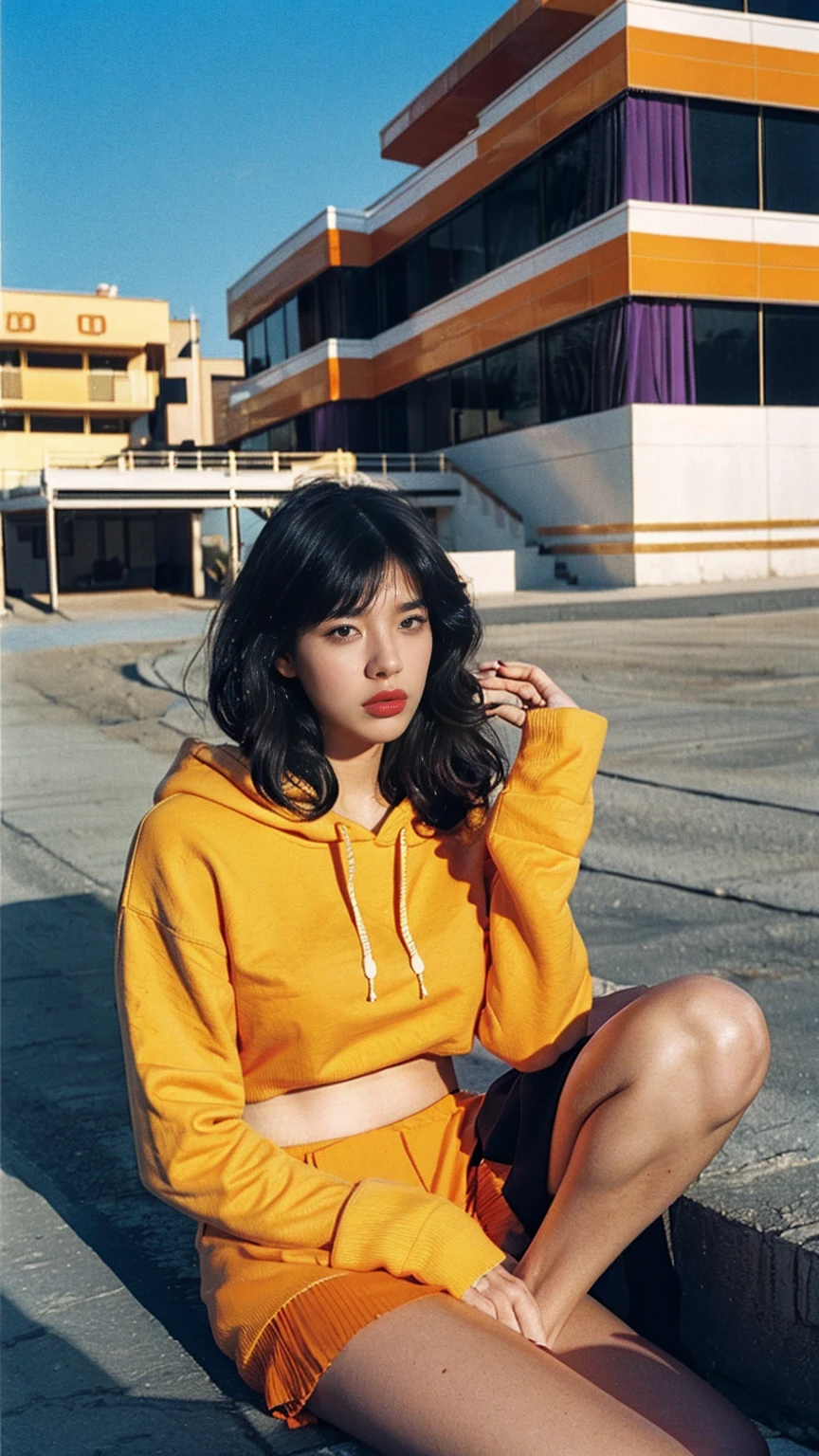 long shot portrait of cute 23 yo girl, (natural breast) ,wear ((orange color oversized hoodie)), wear ((purple tennis skirt)),looking front,Best Quality,Masterpiece,Ultra High Resolution,(Realisticity:1.4),Original Photo, 1Girl, light leak,ultra high resolution,UHD,beautiful, (black bob hair), almond eye, no makeup, in front of (80's mondrian architecture motel), (realistic:1.2), (surreal:1.3), (very detailed:1.1), ((masterpiece)),summer, blue sky, palm trees,sunny, los angles vibes,film camera, 800mm lens,style of Philip Lorca diCorcia