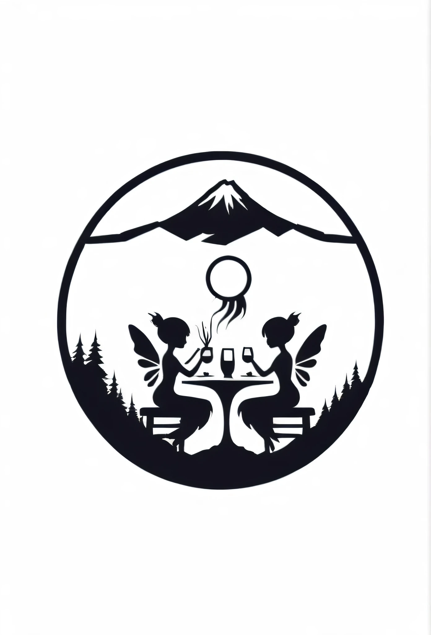 A stylish dining bar logo deep in the mountains of Japan

Two little fairies in the bar for a drink
although rich in nature has depth
Pretty cool design

chic and modern design
monotone



The background is white