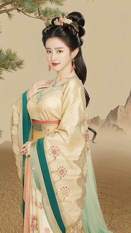 highly detailed, 8K, masterpiece, full-body shot，Facing the camera，1 girl, Black hair, nude, Smile, (perfect_Face), boundary, close up, crazy,, Gorgeous, complicated, Dramatic Lighting, 4K, detailed, Caustic lines, Half Body,  Huge breasts 1.5，Deep cleavage，Transparent woven Hanfu，Exquisite ancient hair accessories、Necklace and Earrings，Standing under the peach tree in full bloom，Flowers all around。