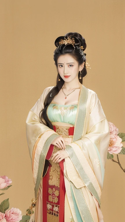 highly detailed, 8K, masterpiece, full-body shot，Facing the camera，1 girl, Black hair, nude, Smile, (perfect_Face), boundary, close up, crazy,, Gorgeous, complicated, Dramatic Lighting, 4K, detailed, Caustic lines, Half Body,  Huge breasts 1.5，Deep cleavage，Transparent woven Hanfu，Exquisite ancient hair accessories、Necklace and Earrings，Standing under the peach tree in full bloom，Flowers all around。