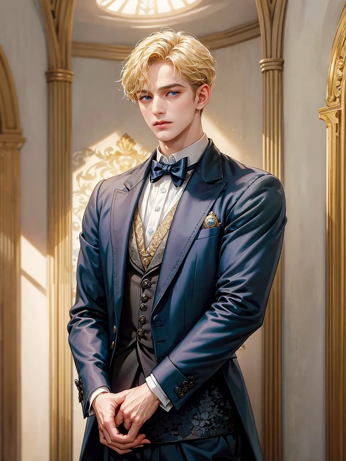 He wears a Victorian-era man's suit. He has his hands in his pockets. Background inside of a hall