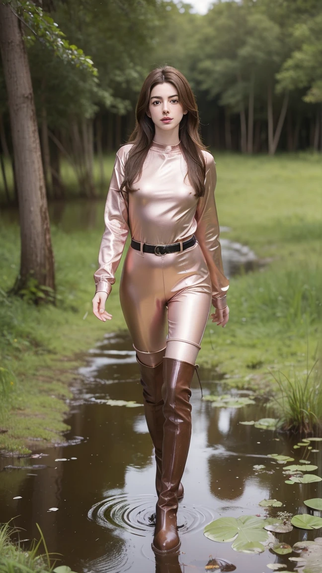 Young Anne Hathaway has long brown hair,Wearing a pink shiny full body suit,Full breasts,Long legs,Over the knee boots,Wear a belt,standing in the swamp,Stuck in the Swamp,The body was covered in mud stains,Full body picture,Realistic