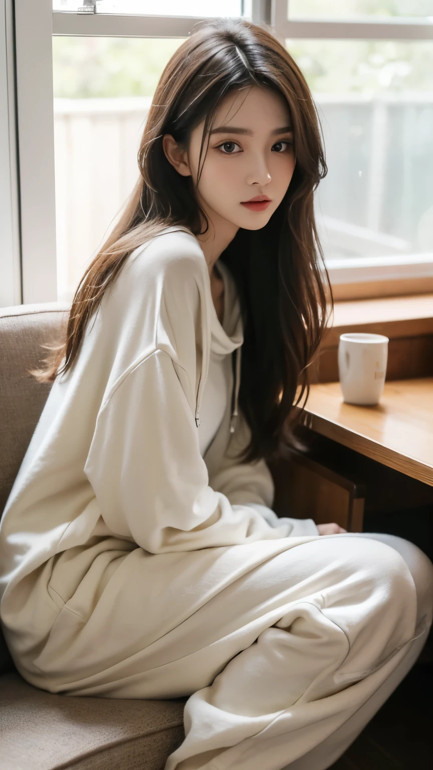 (Photorealistic),(Masterpiece),(ultra-detailed),a tall very beautiful and extremely thin girl who is literally just skin and bones because of being severely malnourished and looks so fragile and delicate and has big eyes and very small head, can see all her bones,sitting on a chair,she has very small and thin body frame and legs,extremely slender build, wearing a baggy hoodie which is just hanging on and baggy sweat pants, makeup accentuating the already large eyes, face looks like a fairy