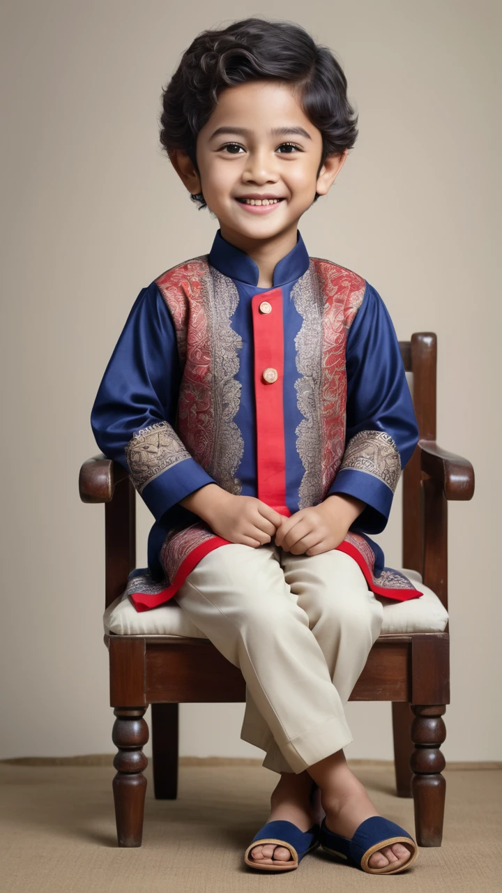 Create a caricature 4D hyperrealistic full body with a big head, A boy, 7 year old , oval face, smiling, curly hair, wearing traditional Central Javanese clothes, sitting on a chair, both thumbs towards the camera, masterpiece, UHD, photo studio lighting