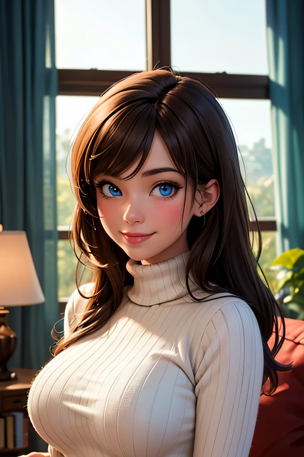 (masterpiece, best quality, hires, 8k), extremely detailed, 1girl, solo, upper body, long brown hair, parted bangs, blue eyes, blush, smile, lightblue turtleneck sweater, (large breasts), (cinematic lighting), living room, window, natural light
