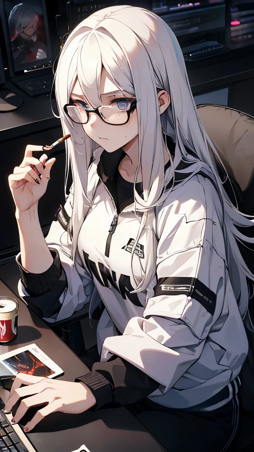 girl,Long white hair,Sportswear,Glasses,Dark Room,Smoking a cigarette,Cigarette smoke,Expressive,Gaming PC,Playing games,Heading to the computer,Energy drink cans