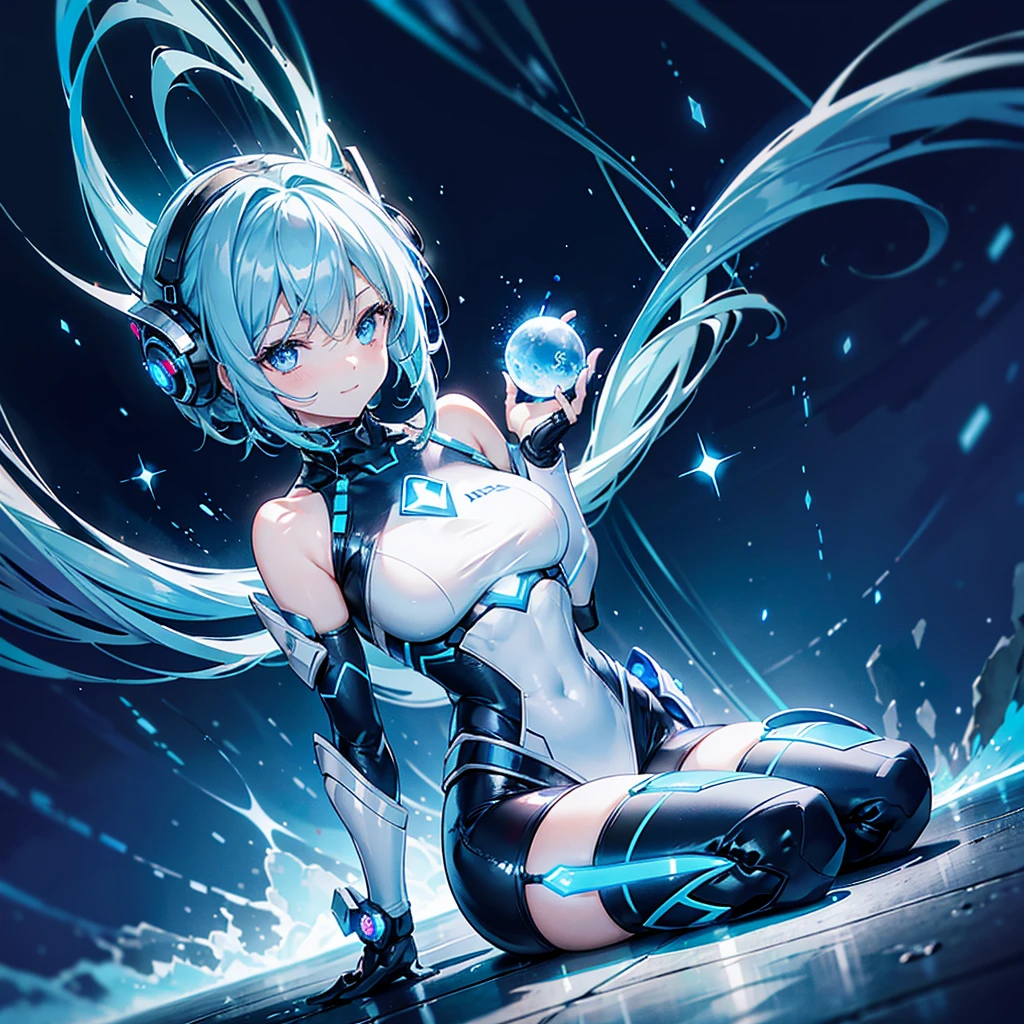 8K, Highest quality, (real:1.4), Original photo, 1 girl, Asari Hair, Biological Amplifier, Very sleek and futuristic armor, posture: Peace talks between warring factions,,attention arousal, smart blue eyes,A modest smile,Knee-high boots,Patent-look blue tights,Blue big moon and blue light swirl in the background,Blue light from behind,blue light magic,A small, glowing blue ball in the palm of your hand,Blue flame swirl,Blue Comet,Polished floor,