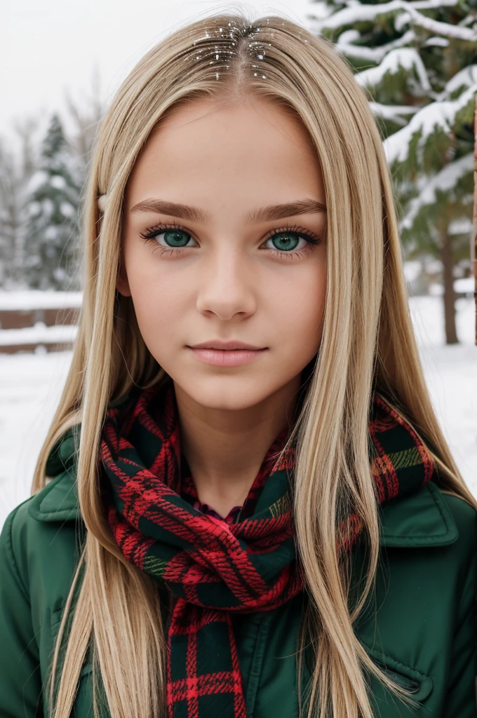 bianca, a  girl with long straight blonde hair. She has a small fringe on the sides, but not on the forehead. bianca tem um acessório de folha dourada no lado direito do cabelo. His eyes are big and green, with a curious and kind expression. Your face is pale with delicate features, including a small nose and thin lips. She is wearing a red plaid scarf and a green coat with a faux fur lining at the collar.. under, appears to be wearing a black blouse. The background must be snow.