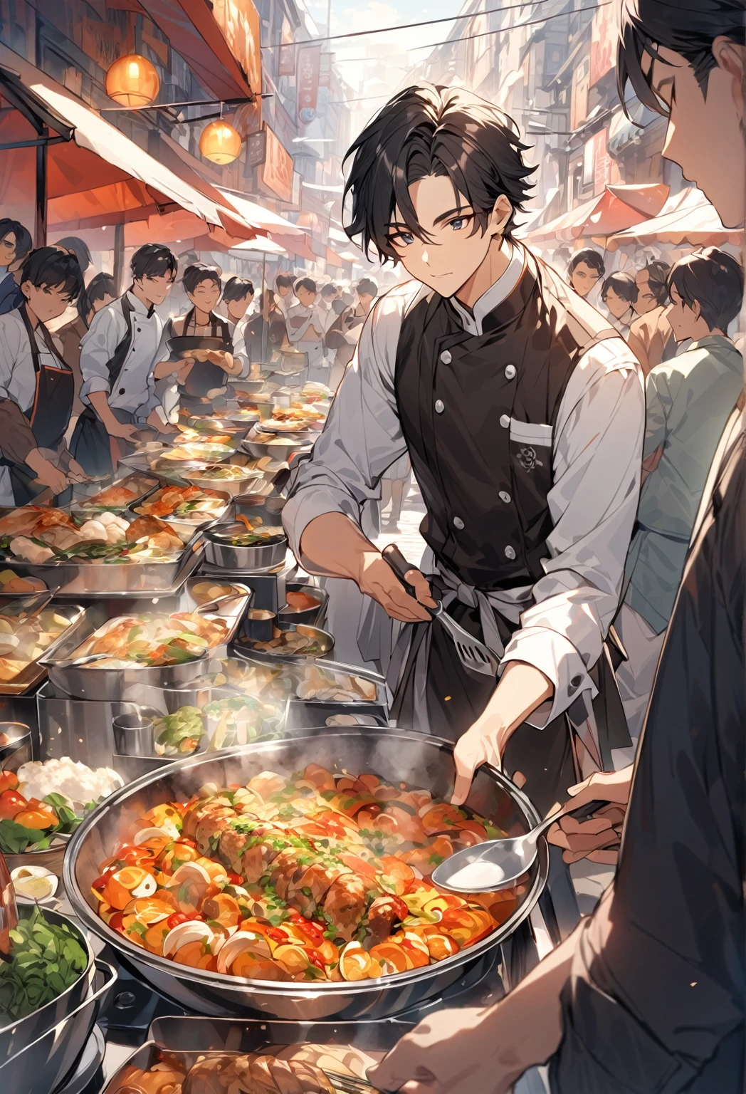 "A handsome young man with black hair, dressed in a professional chef's outfit, is standing at a bustling street food stall. He is focused and skillfully preparing a delicious dish, with various cooking utensils and ingredients around him. The background features a vibrant market scene with other food stalls, colorful signs, and a crowd of people eagerly waiting for their food, emphasizing his dedication and expertise in the culinary arts."

