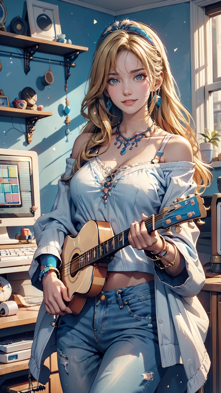 19-year-old Caucasian female、Blonde、Wear off-the-shoulder tops、I can see my belly button、Wear low rise skinny jeans、Teenager's room(((Cute accessories)))、(((computer)))、The wall color is pastel blue、(((Playing the guitar)))、smile