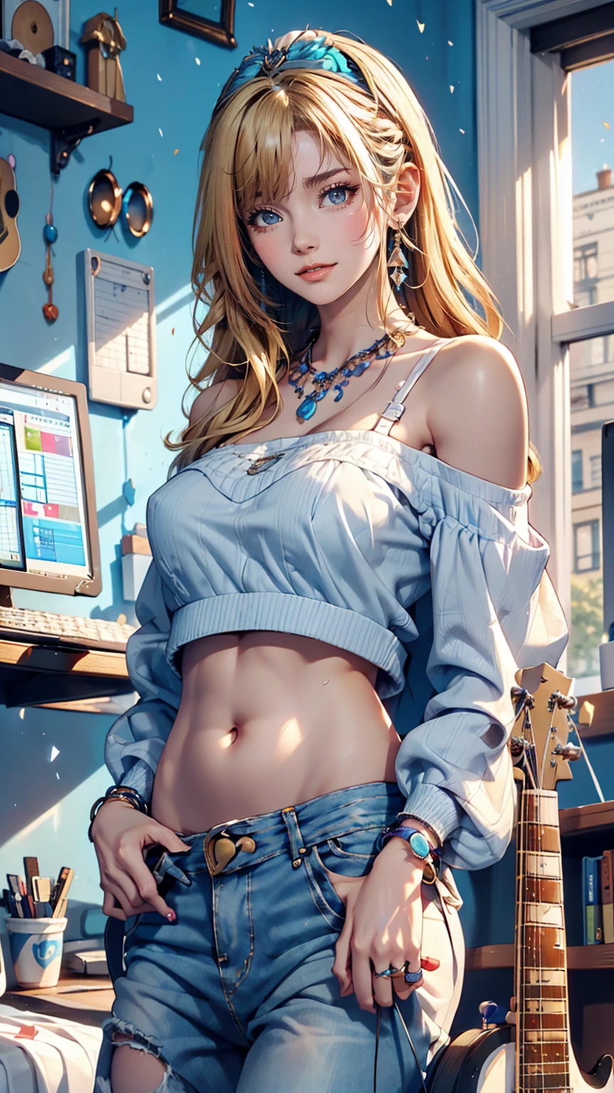 19-year-old Caucasian female、Blonde、Wear off-the-shoulder tops、I can see my belly button、Wear low rise skinny jeans、ager's room(((Cute accessories)))、(((computer)))、The wall color is pastel blue、(((Playing the guitar)))、smile