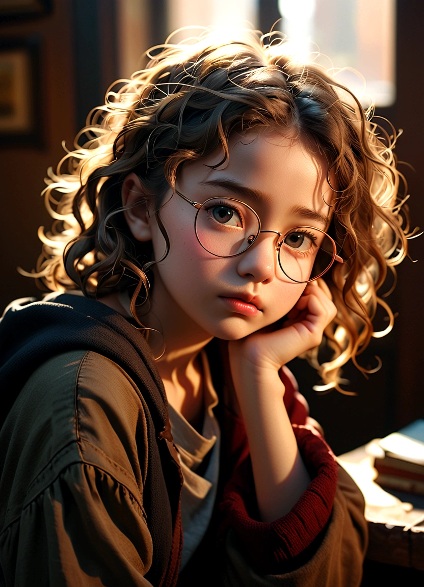 (Model shooting style), A sad homeless , (wear glasses), dressing a old torn clothes, (Shy), 1 Girl, Solitary, brown、curly、Messy hair, Very detailed face, beautiful eyes, [Chubby], Lovely, Ruddy cheeks，Bright, Sad eyes, Stunning beauty, (Rembrandt Lighting), Zeiss lenses, Surreal, (High Detail Skin:1.2), 8K Ultra HD, Digital SLR Camera, Dramatic rim light, high quality, Fuji XT3,