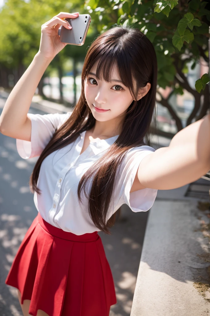 8K, details, Vertical portrait of a charming young Japanese lady , selfie style, high-definition, natural light, as if taken with a Canon camera,red skirt