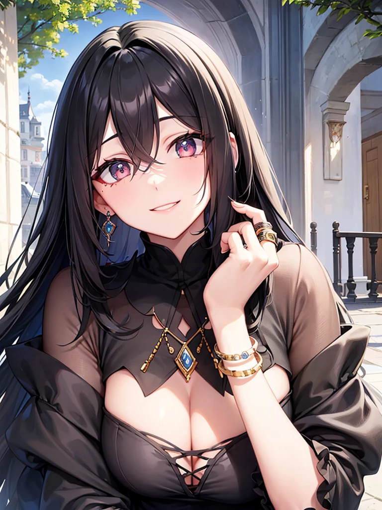 Long black hair、Half Up、black eye、Female in her early 20s、Face close-up、smile、European Castle Gardens、Pastel colored clothes、Earrings、necklace、bracelet、ring