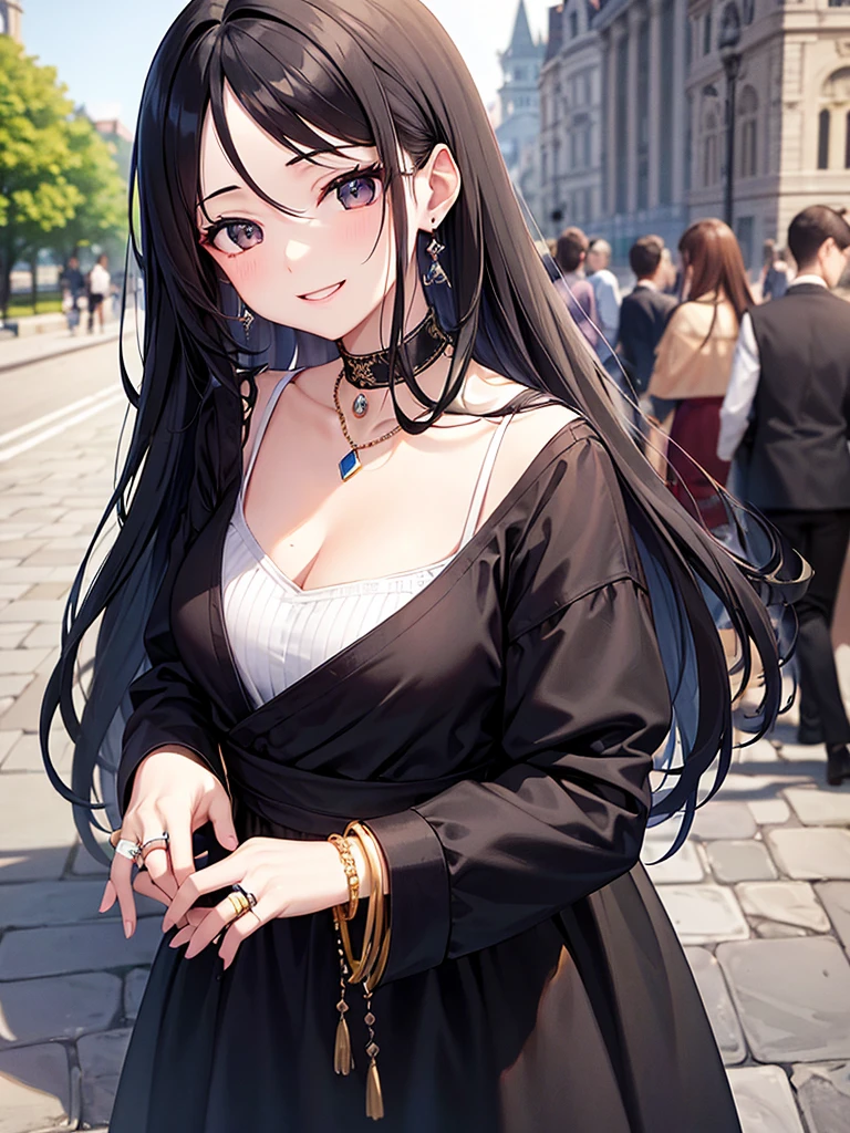 Long black hair、Half Up、black eye、Female in her early 20s、Face close-up、smile、European Castle Gardens、Pastel colored clothes、Earrings、necklace、bracelet、ring