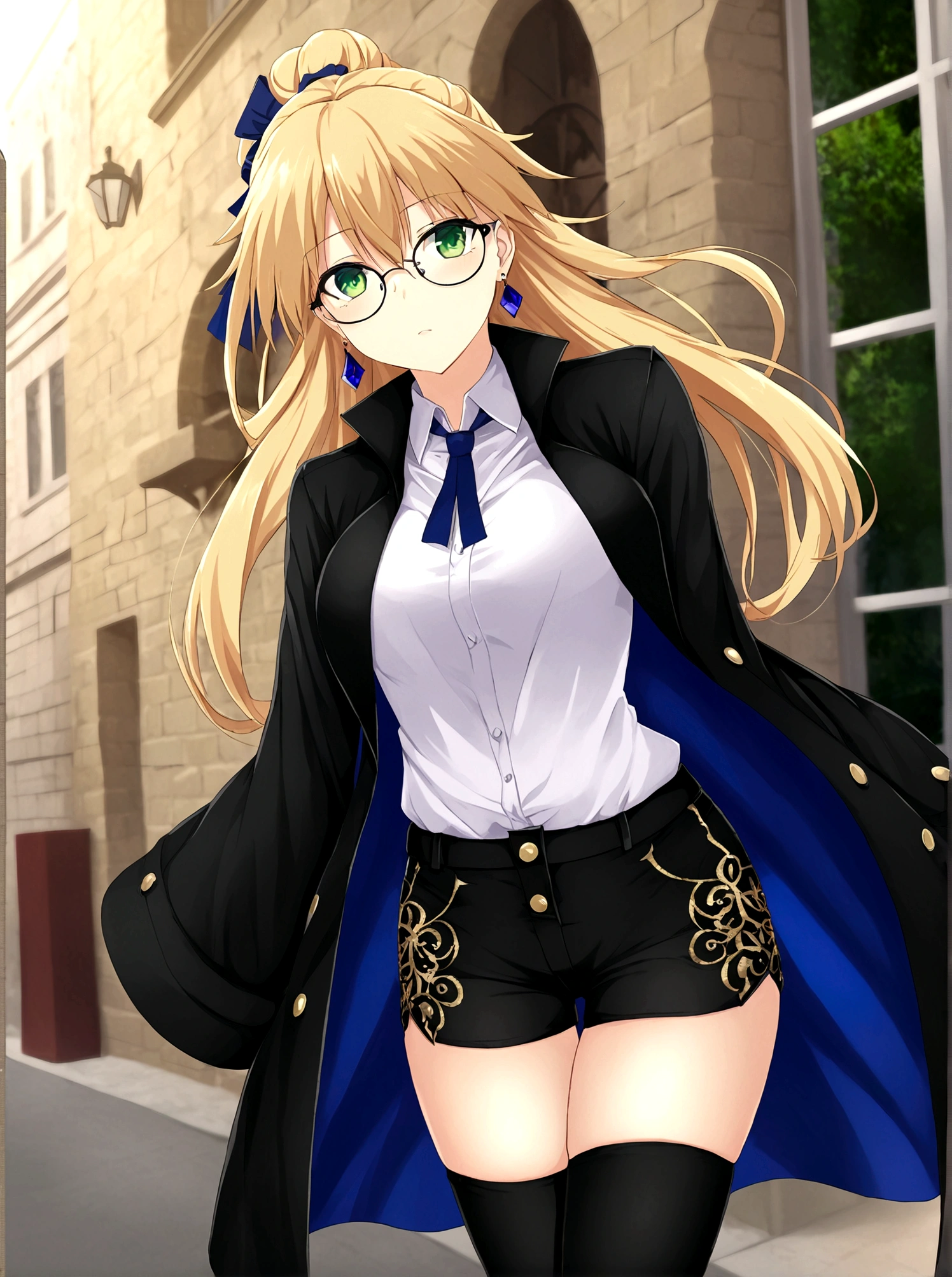 artoria pendragon, Type-Moon, fate/ stay night,floating，comiccore，filigree quasar，super realistic，super detailed wallpaper，8K，Aho，Green eyes，Royal sister，Long blond hair，Wearing silver glasses，Black vest，Delicate and small earrings，Black coat，Exposing belly，Wearing black silk，Long legs，Black shorts，Black high heels，On the Street，Dynamic Angle，Dynamic poses，Best picture quality，Original，high quality， --ar 9:16 --q 5 --niji 5
