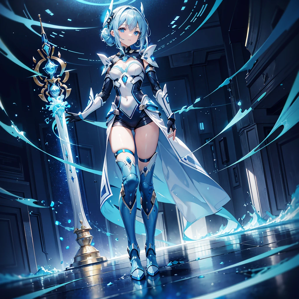 8K, Highest quality, (real:1.4), Original photo, 1 girl, Asari Hair, Biological Amplifier, Very sleek and futuristic armor, posture: Peace talks between warring factions,,attention arousal, smart blue eyes,A modest smile,Knee-high boots,Patent-look blue tights,Blue big moon and blue light swirl in the background,Blue light from behind,blue light magic,A small, glowing blue ball in the palm of your hand,Blue flame swirl,Blue Comet,Polished floor,