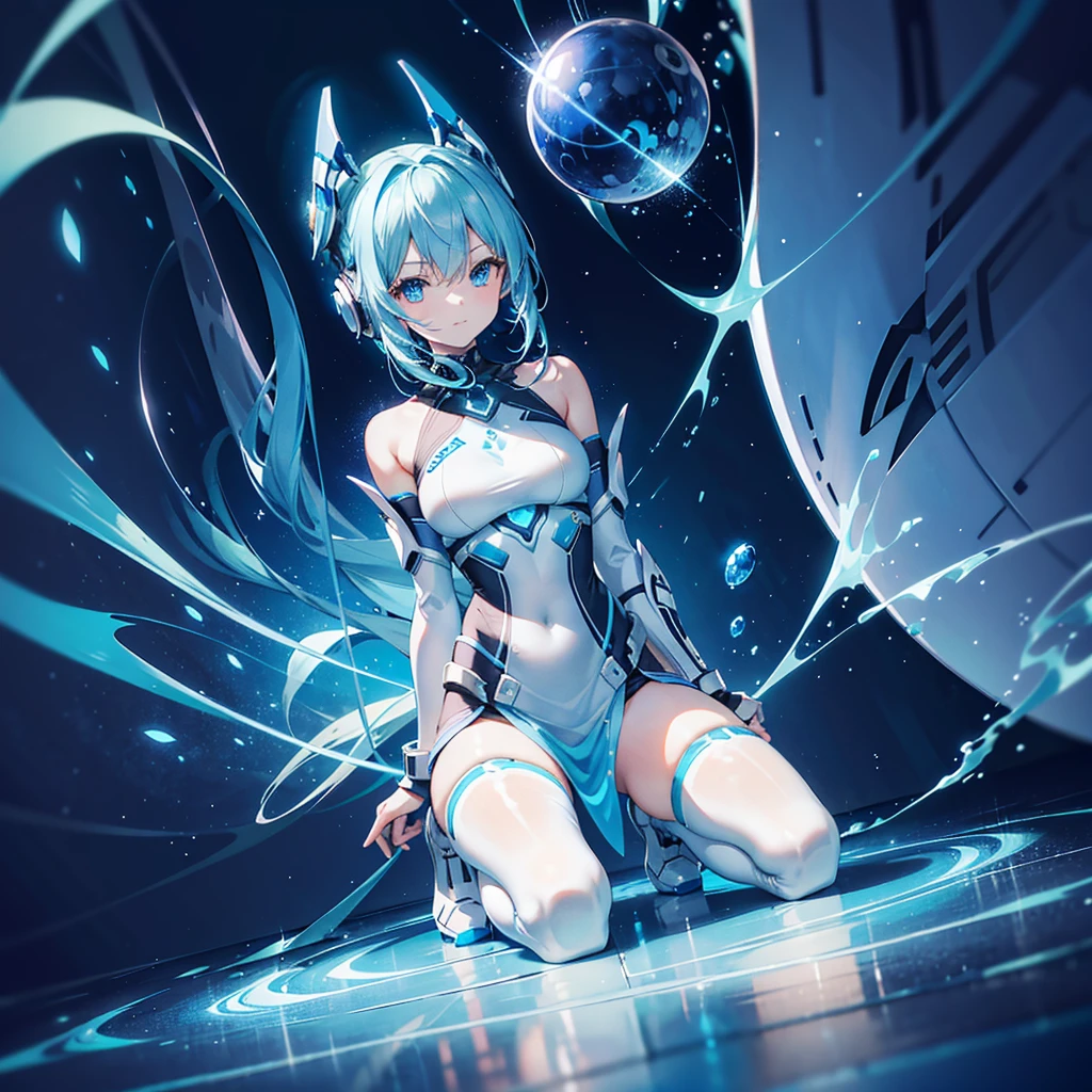 8K, Highest quality, (real:1.4), Original photo, 1 girl, Asari Hair, Biological Amplifier, Very sleek and futuristic armor, posture: Peace talks between warring factions,,attention arousal, smart blue eyes,A modest smile,Knee-high boots,Patent-look blue tights,Blue big moon and blue light swirl in the background,Blue light from behind,blue light magic,A small, glowing blue ball in the palm of your hand,Blue flame swirl,Blue Comet,Polished floor,