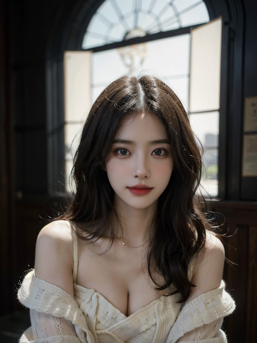 1girl, (looking at viewer:1.2), detail face, (a girl standing, rending on cgsociety, black shadows, streaming, new york backdrop), romanticism, atmospheric, (RAW photo, best quality), (realistic, photo-realistic:1.3), masterpiece, an extremely delicate and beautiful, extremely detailed, D cup,Cleavage,Translucent tube top1.5,Exquisite eye details,Charming smile 1.5