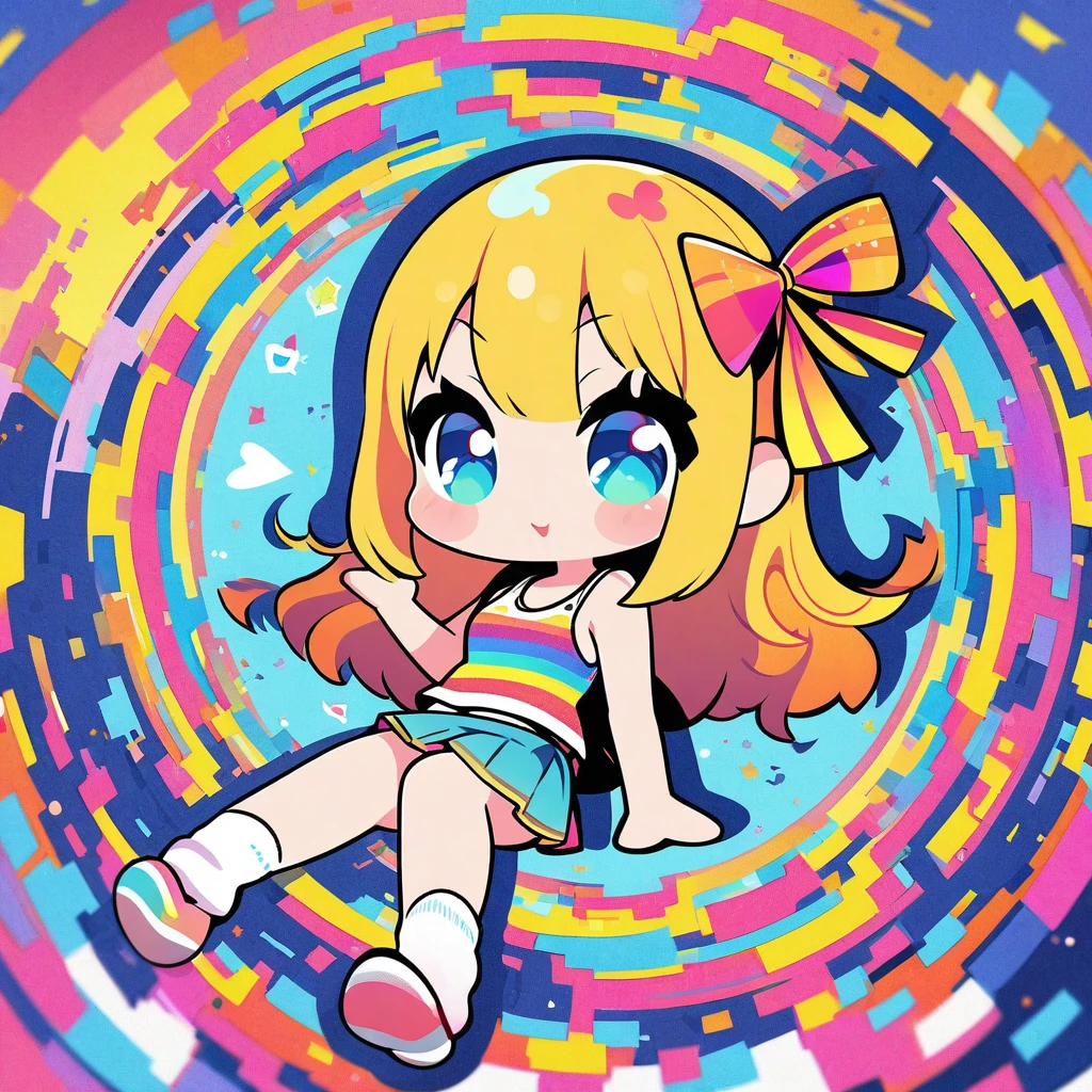 masterpiece、Highest quality、Depth of subject、((2D illustration))、1 beautiful girl、((colorful))、(((chibi style)))、、Long, beautiful hair、Bright golden hair、ribbon、cute、Beautifully detailed eyes、Tank top、((mini skirt))、(((vivid color))、socks、((Girl's Room))、((bed))、stuffed toy、((full body shot))、((Very happy face))、((Holding a kitten))、((There's a lot of pink around))、((Lens flare))、White light is shining、Sunbeam、My whole body was filled with light、Cinematic lighting、Full body lighting