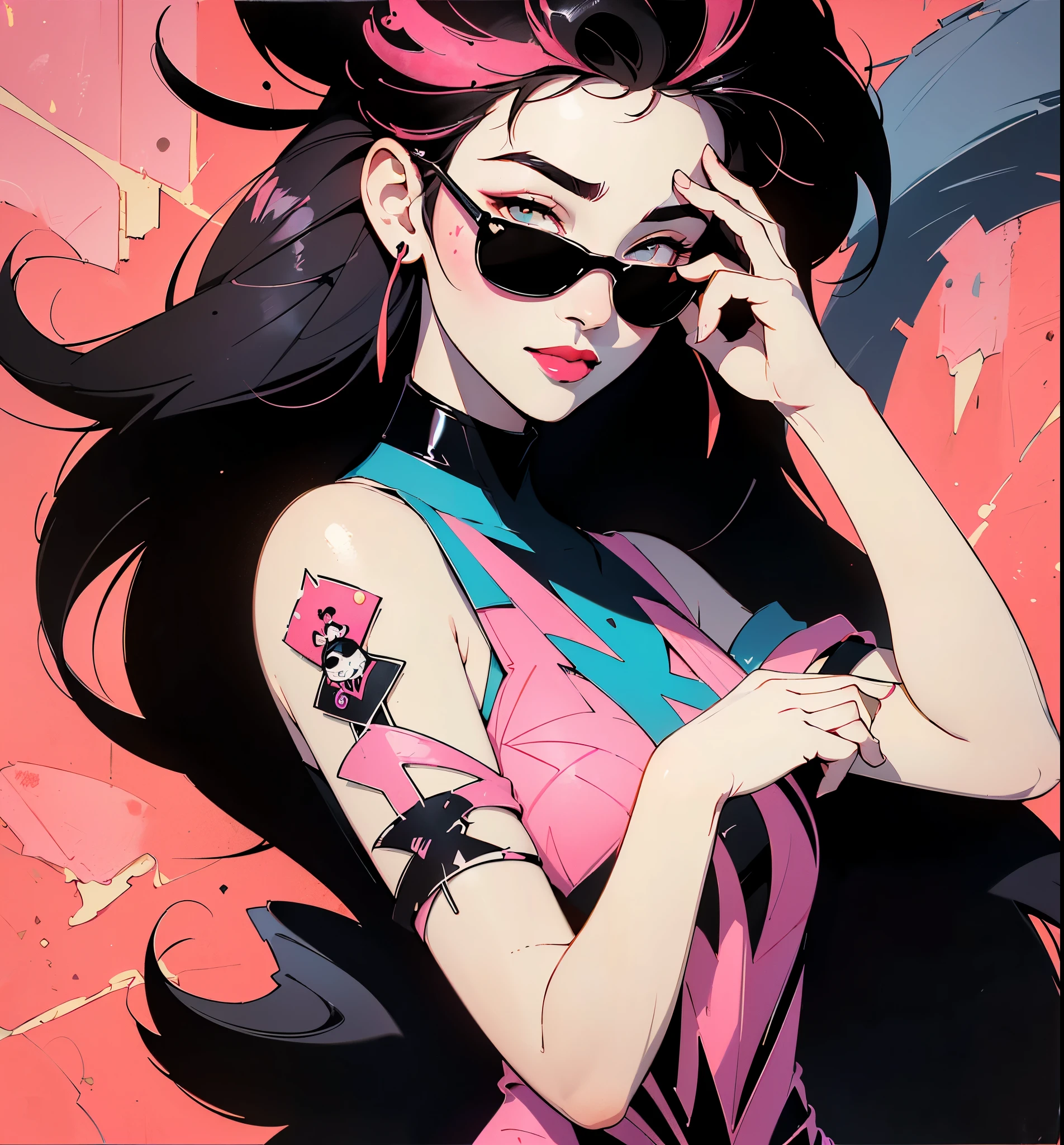 ((Lisa Black Pink)) in a dress standing in front of simple background, up close, ((Art style by Patrick Nagel)), ((8k, wallpaper, detailed)), dark sunglasses, korean pop-star, gorgeous smile, black hair, pretty hands, fringe, simple red background, palm trees, (graffiti wall:1.2), strong, courageous, art by Patrick Nagel, album art cover