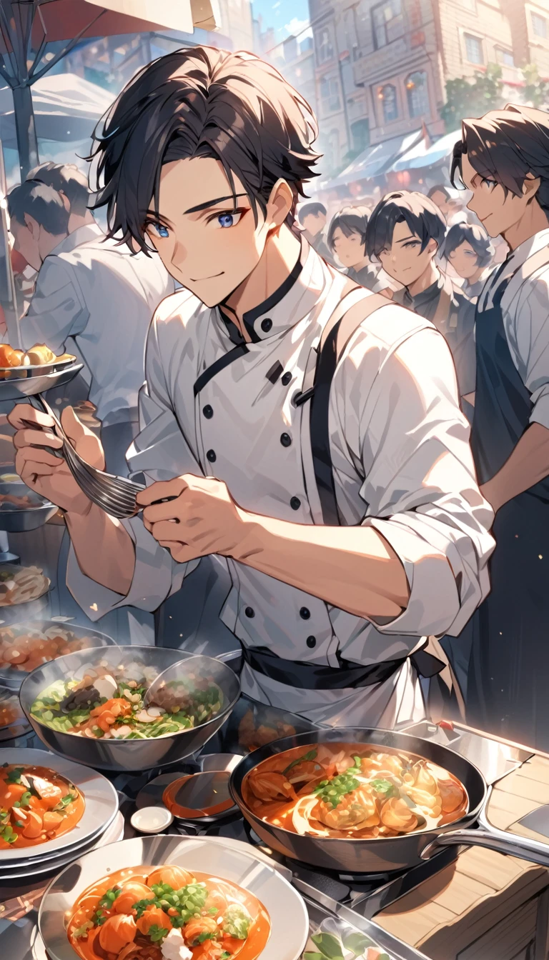 "A handsome young man with black hair, dressed in a professional chef's outfit, is standing at a bustling street food stall. He is focused and skillfully preparing a delicious dish, with various cooking utensils and ingredients around him. The background features a vibrant market scene with other food stalls, colorful signs, and a crowd of people eagerly waiting for their food, emphasizing his dedication and expertise in the culinary arts."