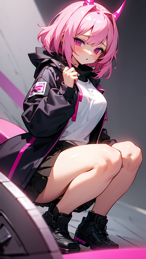 Pink Hair，Pink Eyes，Black short horn，Cool girl jacket