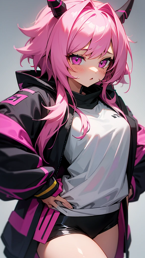 Pink Hair,Pink Eyes,Black short horn,Cool girl jacket
