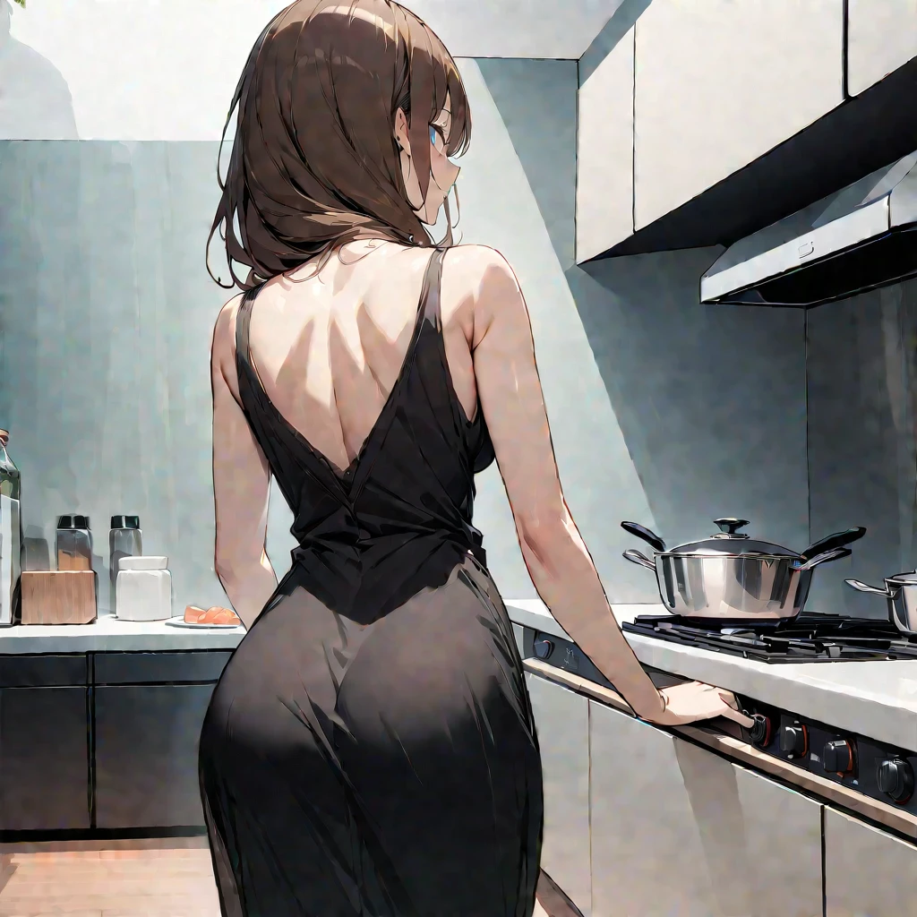 sole girl, MILF, housewife cooking in the kitchen, hidden face, standing, exposed clothes, turn her back on camera, detailed background, detailed arms, very long brown hair, high resolution, (symmetrical clear eyes:1.2), sense of depth, 16k, best quality, masterpiece, detailed illustration