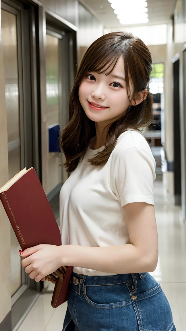 masterpiece, best quality, 1girl, , walking in school hallway, holding books, smiling, bright lighting, high detail
